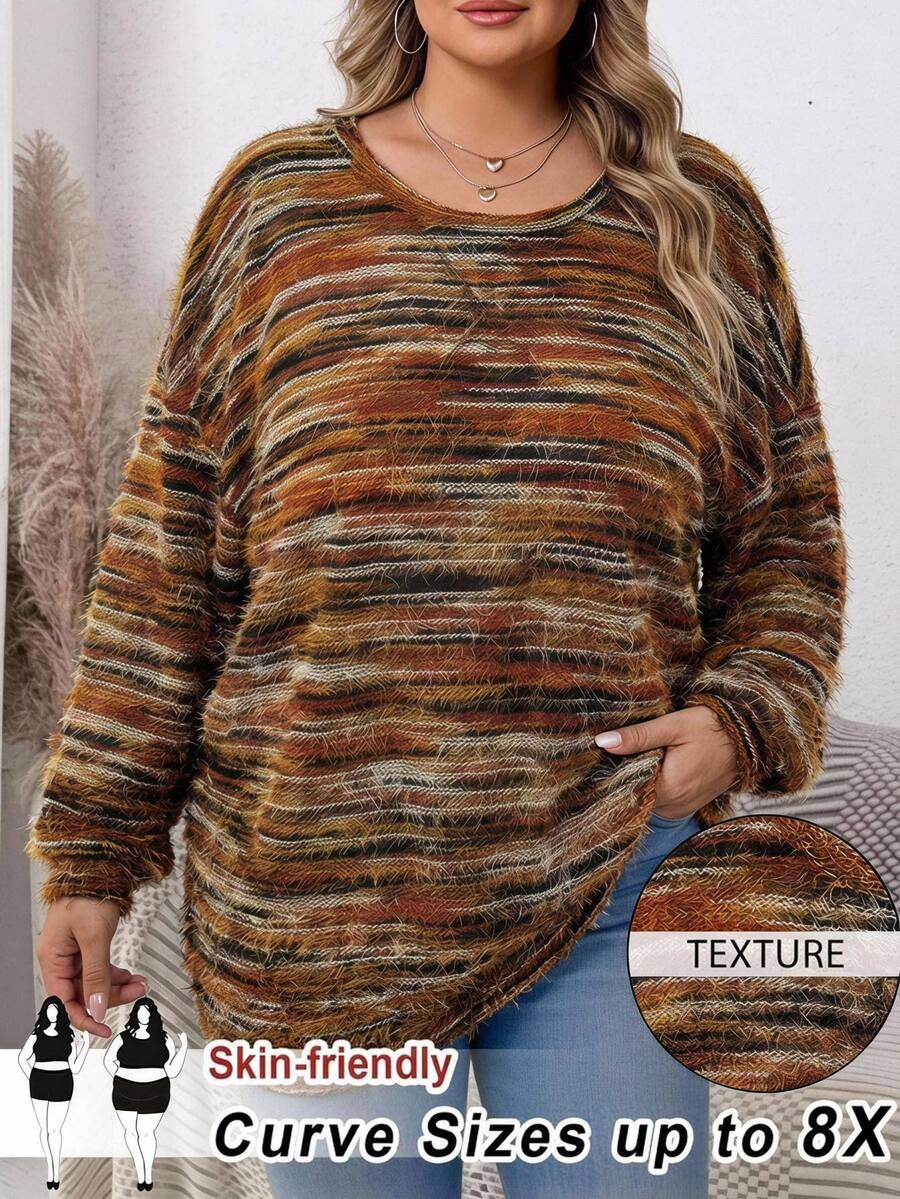 SHEIN CURVE+ Atasan Olahraga Kasual Lengan Panjang Ukuran Plus Wanita - Coklat - View 1