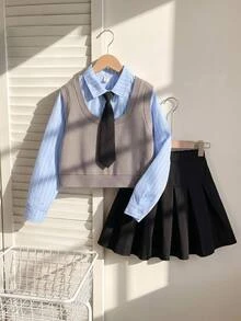SHEIN 女童 80 年代風大廓形套裝，2 合 1 背心上衣附領結與百褶裙，春秋款，休閒校園家庭風，藍色/白色/灰色/黑色 - 藍色 - 查看 10