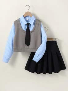 SHEIN 女童 80 年代風大廓形套裝，2 合 1 背心上衣附領結與百褶裙，春秋款，休閒校園家庭風，藍色/白色/灰色/黑色 - 藍色 - 查看 4