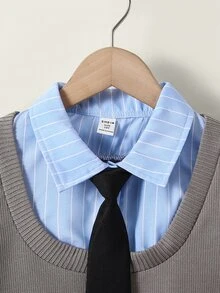 SHEIN 女童 80 年代風大廓形套裝，2 合 1 背心上衣附領結與百褶裙，春秋款，休閒校園家庭風，藍色/白色/灰色/黑色 - 藍色 - 查看 5