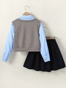 SHEIN 女童 80 年代風大廓形套裝，2 合 1 背心上衣附領結與百褶裙，春秋款，休閒校園家庭風，藍色/白色/灰色/黑色 - 藍色 - 查看 2