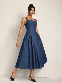 SHEIN Tall Gaun Denim Kasual Tanpa Lengan Leher Persegi dengan Pengikat Pinggang untuk Wanita - Biru - View 4