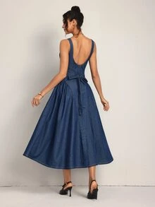 SHEIN Tall Gaun Denim Kasual Tanpa Lengan Leher Persegi dengan Pengikat Pinggang untuk Wanita - Biru - View 2
