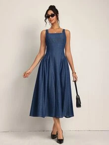 SHEIN Tall Gaun Denim Kasual Tanpa Lengan Leher Persegi dengan Pengikat Pinggang untuk Wanita - Biru - View 5