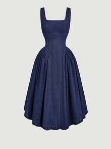 SHEIN Tall Gaun Denim Kasual Tanpa Lengan Leher Persegi dengan Pengikat Pinggang untuk Wanita - Biru - View 7