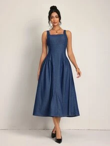 SHEIN Tall Gaun Denim Kasual Tanpa Lengan Leher Persegi dengan Pengikat Pinggang untuk Wanita - Biru - View 3