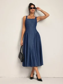 SHEIN Tall Gaun Denim Kasual Tanpa Lengan Leher Persegi dengan Pengikat Pinggang untuk Wanita - Biru - View 6