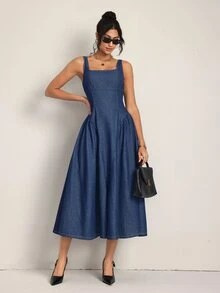SHEIN Tall Gaun Denim Kasual Tanpa Lengan Leher Persegi dengan Pengikat Pinggang untuk Wanita - Biru - View 1