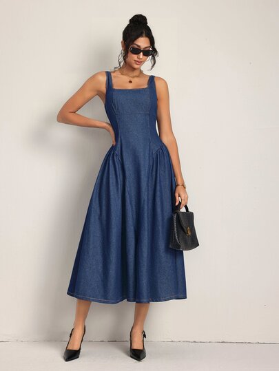 SHEIN Tall Women's Waist-Cinched Square Neck Sleeveless Casual Denim Dress