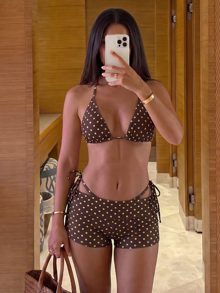 Costavie 3 Pieces Women Swimwear Set, Brown And Yellow Polka Dot, 1950s Vintage 70s Retro, Summer, Beach Party, Holiday, Afternoon Tea Micro Triangle Side Tie - Multicolor - View 1