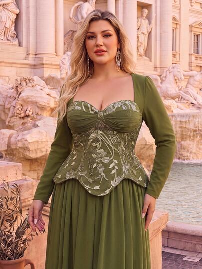Glamrae Abito da sera elegante taglie forti verde militare con maniche lunghe, patchwork e paillettes, 2 in 1 con fascia, pesantemente decorato, adatto per matrimonio, banchetto, cocktail festa, ballo, cena e altre occasioni