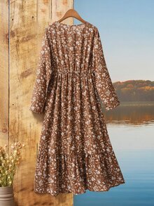 Rusticease Women's Floral Print Round Neck Long Sleeve Dress Picnic Brown Floral Autumn Cottage Core Boho - Multicolor - View 2