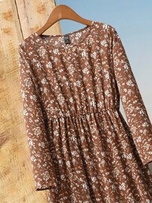 Rusticease Women's Floral Print Round Neck Long Sleeve Dress Picnic Brown Floral Autumn Cottage Core Boho - Multicolor - View 4