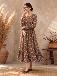 Rusticease Women's Floral Print Round Neck Long Sleeve Dress Picnic Brown Floral Autumn Cottage Core Boho - Multicolor - View 3