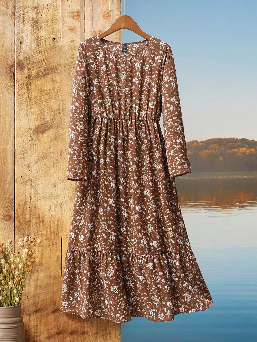 Rusticease Women's Floral Print Round Neck Long Sleeve Dress Picnic Brown Floral Autumn Cottage Core Boho - Multicolor - View 1