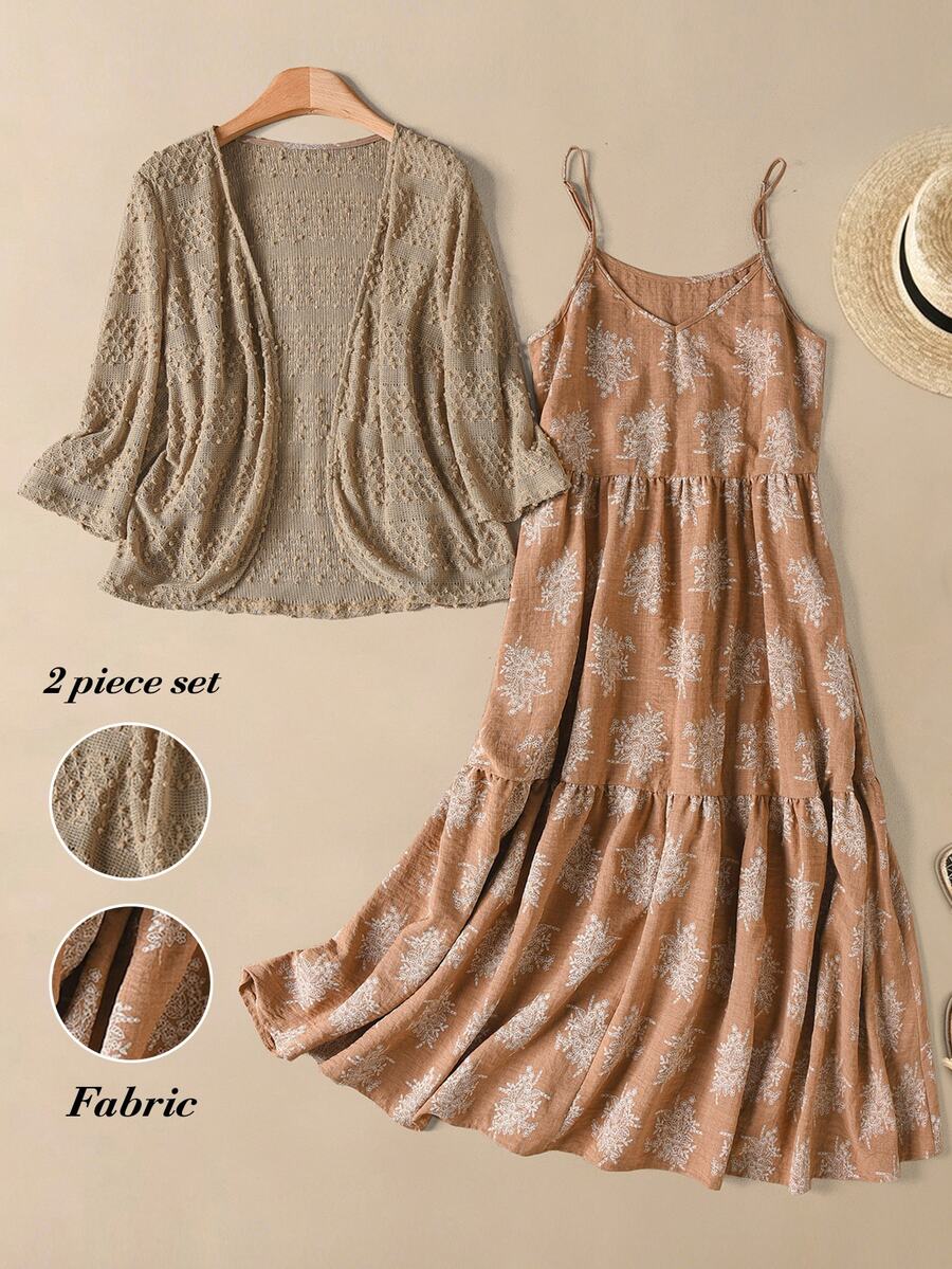 Rusticease Vacation Casual Jamican Boho Tropical Women's Knitted Cardigan And Spaghetti Strap Printed Dress 2pcs Set Elegant Dresses Set For Party Beach Brown