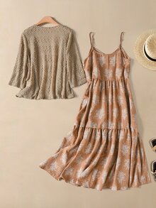 Rusticease Vacation Casual Jamican Boho Tropical Women's Knitted Cardigan And Spaghetti Strap Printed Dress 2pcs Set Elegant Dresses Set For Party Beach Brown - Khaki - View 3