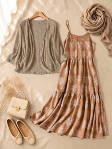 Rusticease Vacation Casual Jamican Boho Tropical Women's Knitted Cardigan And Spaghetti Strap Printed Dress 2pcs Set Elegant Dresses Set For Party Beach Brown - Khaki - View 5