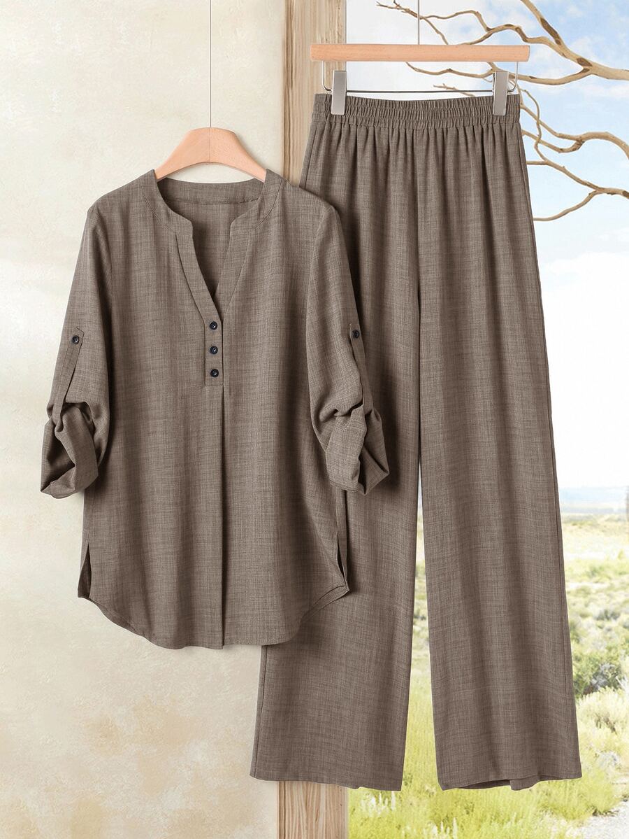 Rusticease Casual Solid Color Notched Neck Roll-Up Sleeve Top And Elastic Waist Pants Set,Cozy Fall Winter Clothes For Women New Year Elegant Blouse Shirt Sets - Brown - View 1