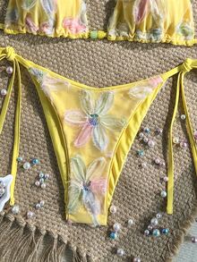 Costavie Swim MOD 2件式比基尼套裝，春夏度假款，黃色花卉亮片紋理面料，掛脖三角上衣，女款泳裝沙灘裝 - 彩色 - 查看 4