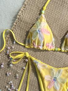Costavie Swim MOD 2件式比基尼套裝，春夏度假款，黃色花卉亮片紋理面料，掛脖三角上衣，女款泳裝沙灘裝 - 彩色 - 查看 6
