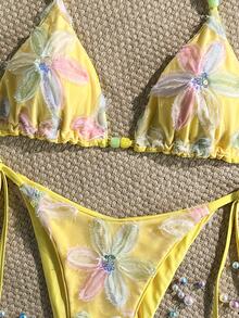 Costavie Swim MOD 2件式比基尼套裝，春夏度假款，黃色花卉亮片紋理面料，掛脖三角上衣，女款泳裝沙灘裝 - 彩色 - 查看 7