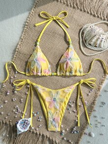 Costavie Swim MOD 2件式比基尼套裝，春夏度假款，黃色花卉亮片紋理面料，掛脖三角上衣，女款泳裝沙灘裝 - 彩色 - 查看 5