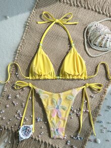 Costavie Swim MOD 2件式比基尼套裝，春夏度假款，黃色花卉亮片紋理面料，掛脖三角上衣，女款泳裝沙灘裝 - 彩色 - 查看 2