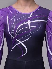 Tween Girls Shiny Rhinestone Purple-Black Gradient Long Sleeve Long Pants Sports Tight Printed Pattern Leotard Ballet Practice Wear Athletic Training Gymnastics Competition Gymnastics Autumn/Fall, School/Back-To-School, Halloween, Gym - Purple - View 5