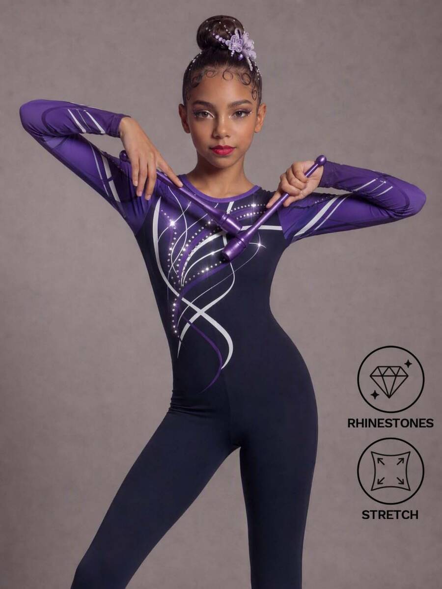 Tween Girls Shiny Rhinestone Purple-Black Gradient Long Sleeve Long Pants Sports Tight Printed Pattern Leotard Ballet Practice Wear Athletic Training Gymnastics Competition Gymnastics Autumn/Fall, School/Back-To-School, Halloween, Gym - Purple - View 1