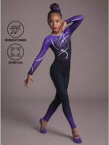 Tween Girls Shiny Rhinestone Purple-Black Gradient Long Sleeve Long Pants Sports Tight Printed Pattern Leotard Ballet Practice Wear Athletic Training Gymnastics Competition Gymnastics Autumn/Fall, School/Back-To-School, Halloween, Gym - Purple - View 3