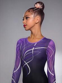 Tween Girls Shiny Rhinestone Purple-Black Gradient Long Sleeve Long Pants Sports Tight Printed Pattern Leotard Ballet Practice Wear Athletic Training Gymnastics Competition Gymnastics Autumn/Fall, School/Back-To-School, Halloween, Gym - Purple - View 9