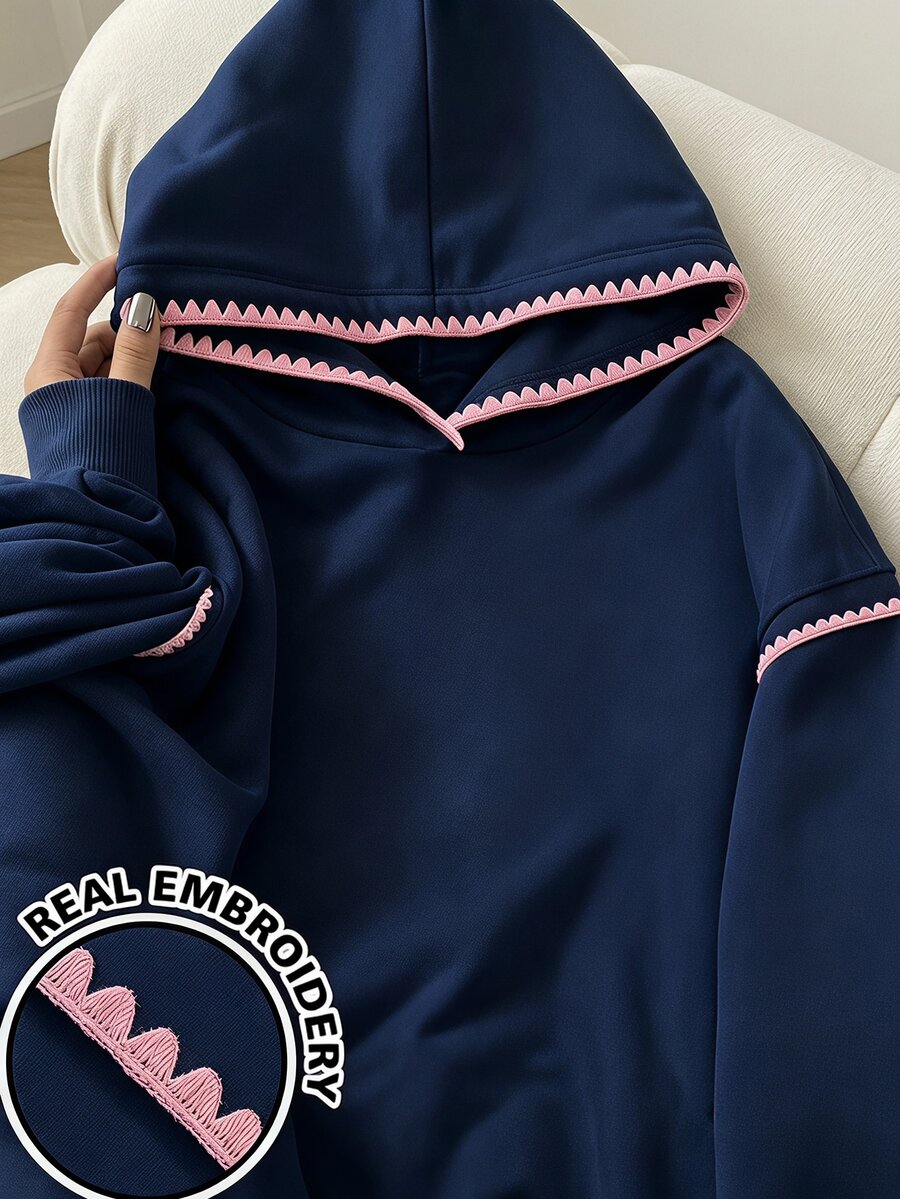 SHEIN 青少年女孩淺灰色連帽衛衣,黑色波浪邊飾,寬鬆落肩長袖套頭衛衣,時尚休閒款,適合春季/秋季校園與日常穿著 - 藏蓝色 - 查看 1