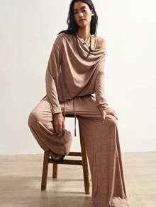 Bohemela Women's Solid Color Asymmetric Shoulder Long Sleeve T-Shirt And Pants Casual Set - Khaki - View 4