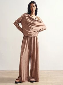 Bohemela Women's Solid Color Asymmetric Shoulder Long Sleeve T-Shirt And Pants Casual Set - Khaki - View 5