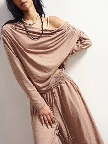 Bohemela Women's Solid Color Asymmetric Shoulder Long Sleeve T-Shirt And Pants Casual Set - Khaki - View 2