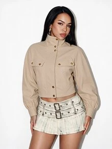 BamGleam Women's Casual High Neck Button-Up Versatile Trench Coat, Autumn/Winter - Khaki - View 6