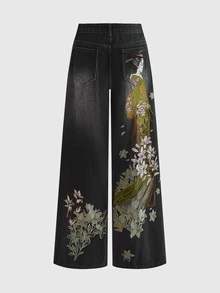 ROMWE Grunge Punk 復古日式藝伎花卉刺繡低腰寬腿牛仔褲 - 黑色 - 查看 3