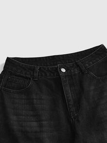 ROMWE Grunge Punk 復古日式藝伎花卉刺繡低腰寬腿牛仔褲 - 黑色 - 查看 6
