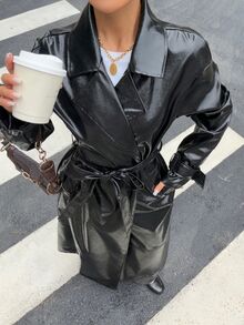 Muchica Drop Shoulder Belted PU Trench Coat - Black - View 8