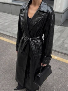Muchica Drop Shoulder Belted PU Trench Coat - Black - View 1