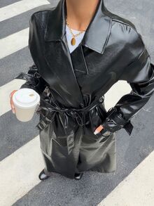 Muchica Drop Shoulder Belted PU Trench Coat - Black - View 3