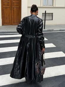 Muchica Drop Shoulder Belted PU Trench Coat - Black - View 2