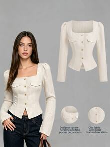 Sweetra Women's Sweetro Elegant French Commute Office Square Neck Slim Fit Flattering Jacket Beige Autumn - Apricot - View 1