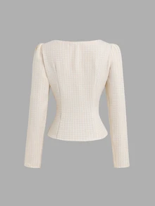 Sweetra Women's Sweetro Elegant French Commute Office Square Neck Slim Fit Flattering Jacket Beige Autumn - Apricot - View 2