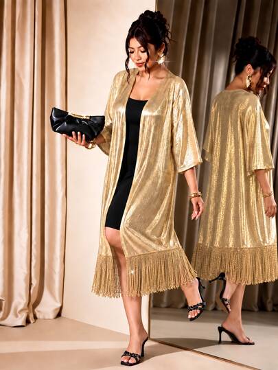 Cravure Plus Size Women Gold Foil Coated Fabric Patchwork Hemline Gold Tassel Elegant Party Thin Long Coat