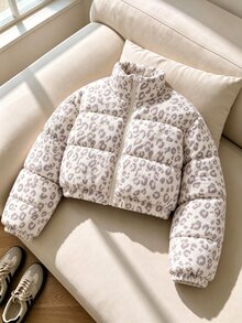 SHEIN 青少年女孩黑白豹紋純棉抓絨長袖加厚外套，秋冬校園可愛酷感學生街頭風圖案外套 - 彩色 - 查看 5