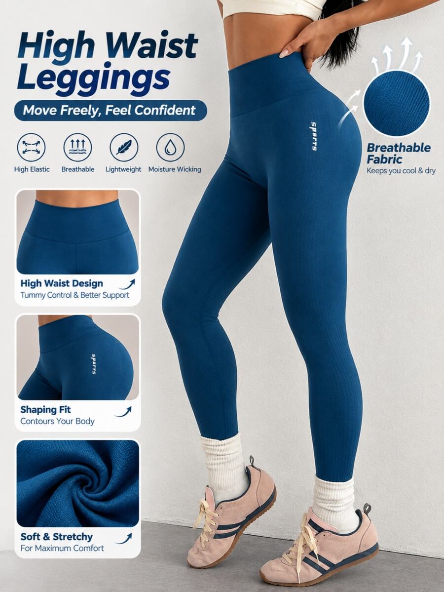 SHEIN Dewbera Women's Letter Print High Waist Casual Daily Travel Sports Tight Leggings - Navy Blue - View 1