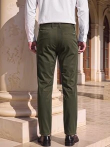 Officeau 男士軍綠色錐形棉斜紋西裝長褲，適用正式商務/辦公場合 - 軍綠色 - 查看 5