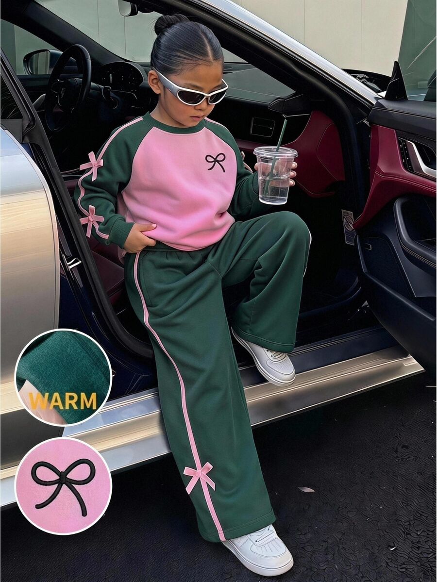 Kids Young Girl Young Girl Bow Contrast Color Patchwork Bow Print Sweatshirt And Long Autumn Pants 2 Pieces Set Casual Daily Fashion Versatile - Pink - View 1